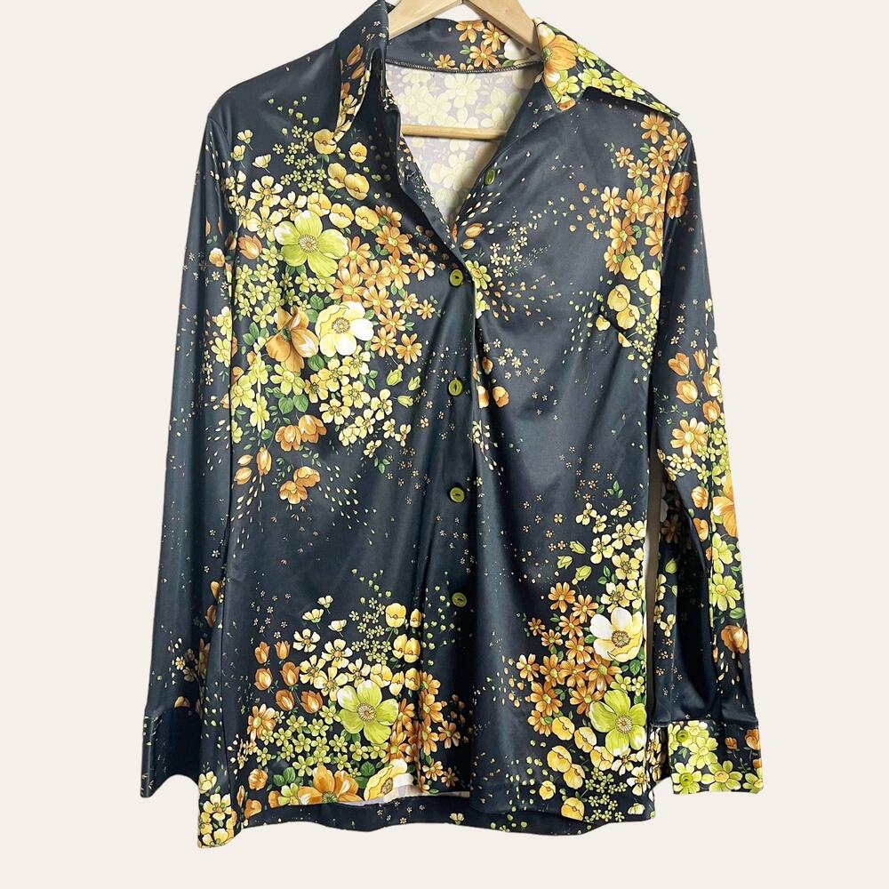 70’s Vintage Black Floral Print Long Sleeve Blouse Size L